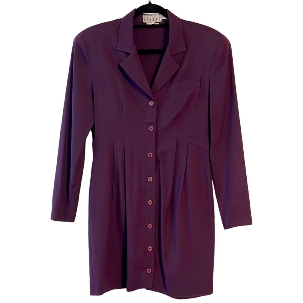 Ann Tjian for Kenar‎ 2 Vintage Wool Purple Button Down Shirt Dress Jacket 6 Med